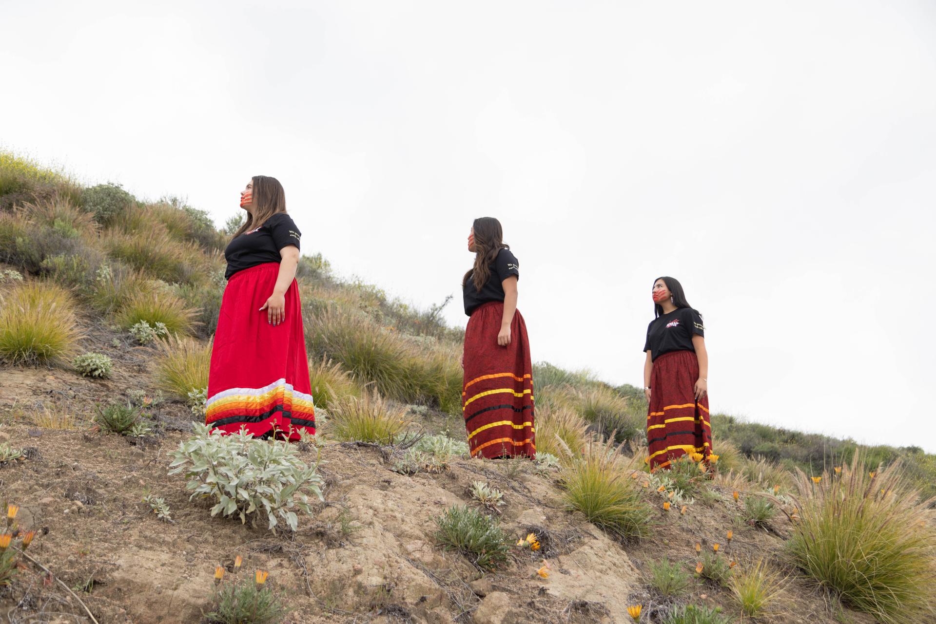 San Manuel Women in traditional ribbon skirts