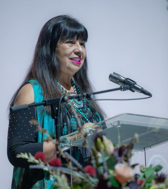 Chairwoman Lynn Valbuena addresses the audience at the Forging Hope Awards ceremony in Yaamava' Theater at Yaamava' Resort & Casino.